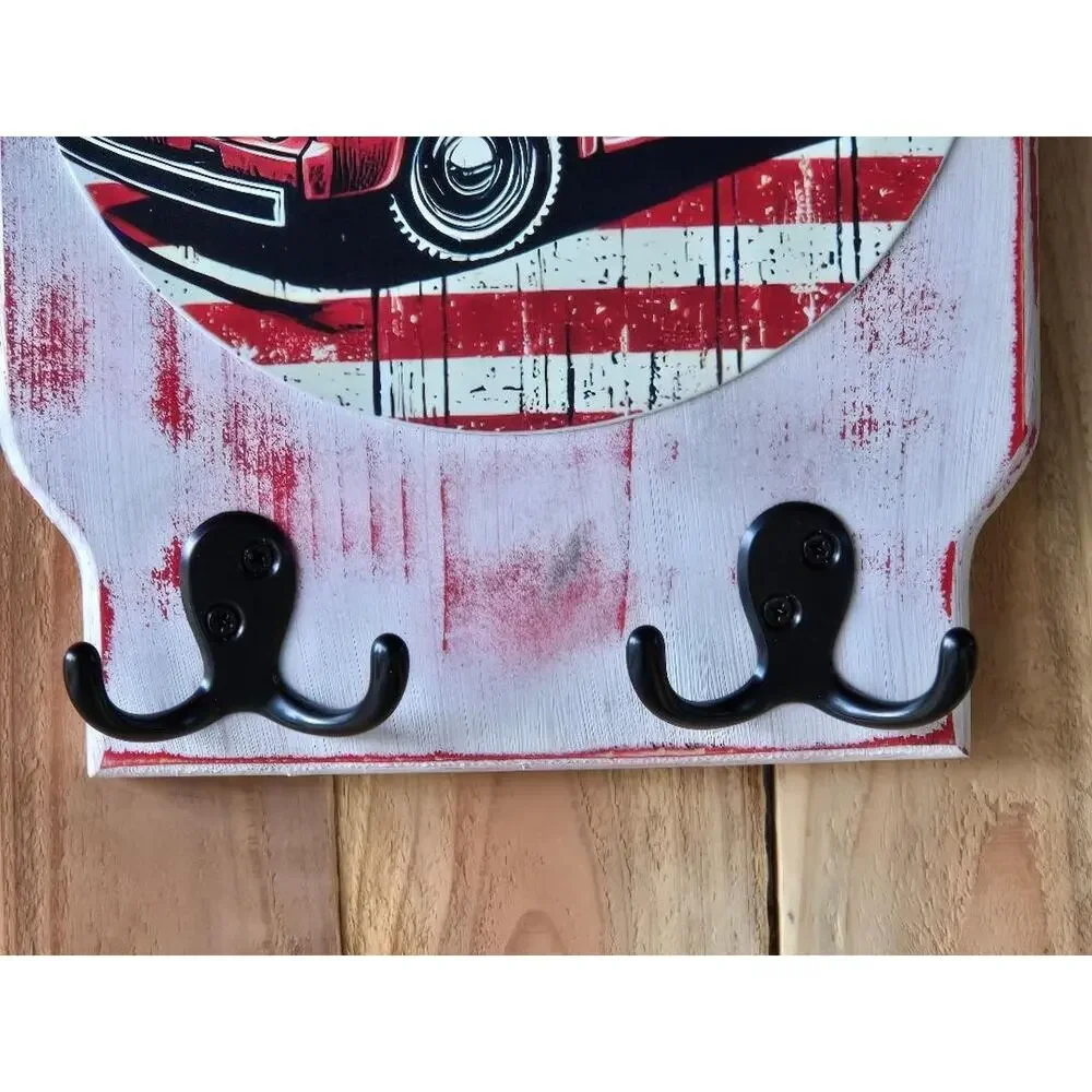 Red Pickup Wall Mount Plaque, Rustic Vintage, Solid Wood, Bottle Opener, Hooks